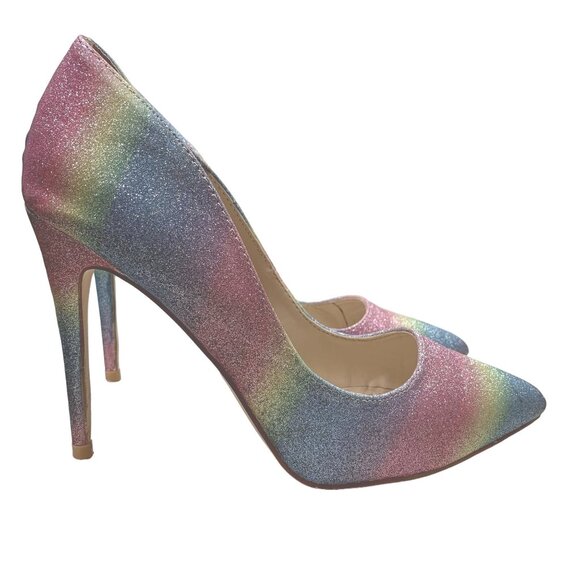 Anne Michelle Hibiscus Heels Womens 8.5 Pastel Rainbow Glitter Mermaid Stiletto - Picture 1 of 16